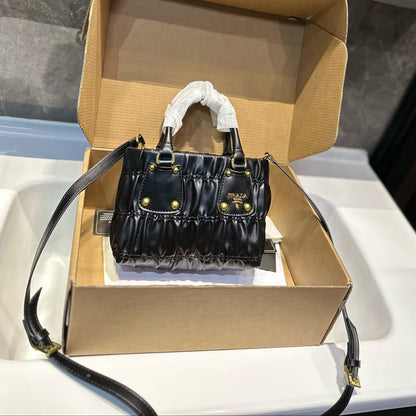 RUCHED TOP HANDLE BAG 19 IN BLACK SAFFIANO LEATHER