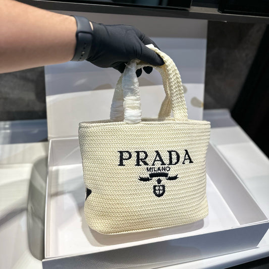 EMBROIDED LOGO TOTE BAG 30 IN WHITE WOVEN RAFFIA