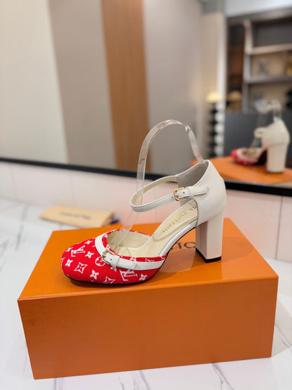 HIGH SANDALS 8 CM IN CHERRY RED MONOGRAM DENIM AND WHITE CALFSKIN