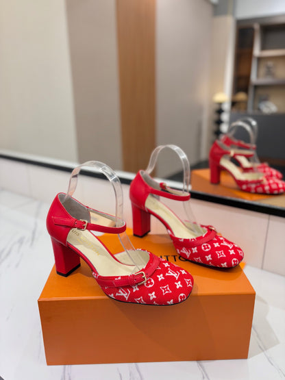 HIGH SANDALS 8 CM IN CHERRY RED MONOGRAM DENIM