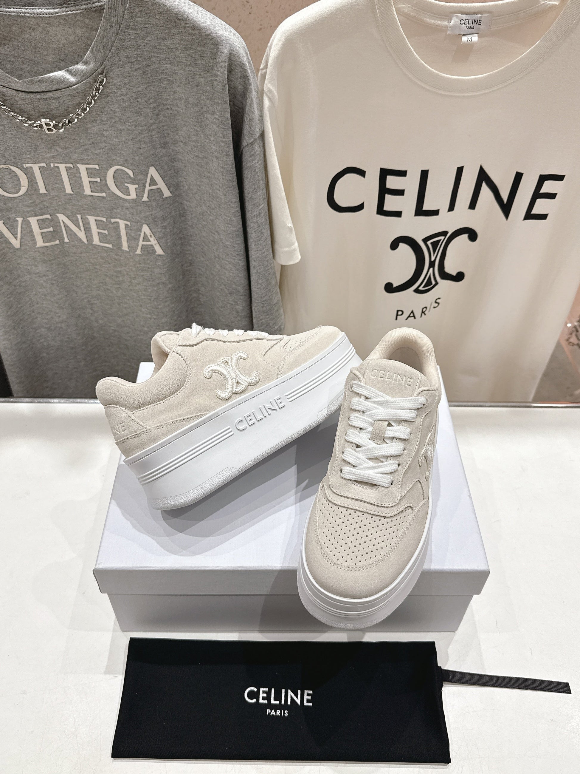 BLOCK SNEAKERS WITH EMBROIDERED TRIOMPHE IN PARCHMENT BEIGE SUEDE