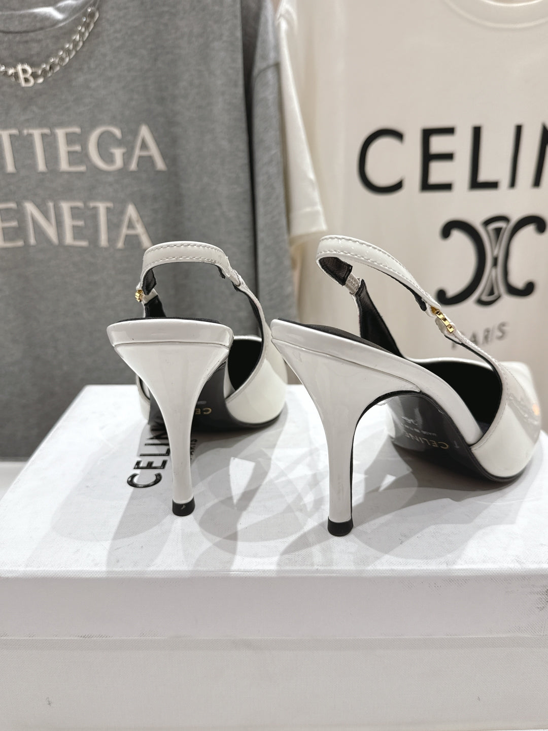 JUDY TRIOMPHE STILETTO SLINGBACK 75MM IN WHITE PATENT CALFSKIN