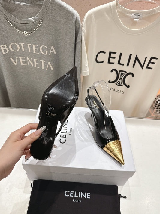 JUDY CAP TOE SLINGBACK 65MM IN BLACK SHINY CALFSKIN AND GOLD SNAKE EMBOSSED LEATHER