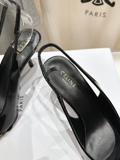 JUDY CAP TOE SLINGBACK 65MM IN BLACK SHINY CALFSKIN AND GOLD SNAKE EMBOSSED LEATHER