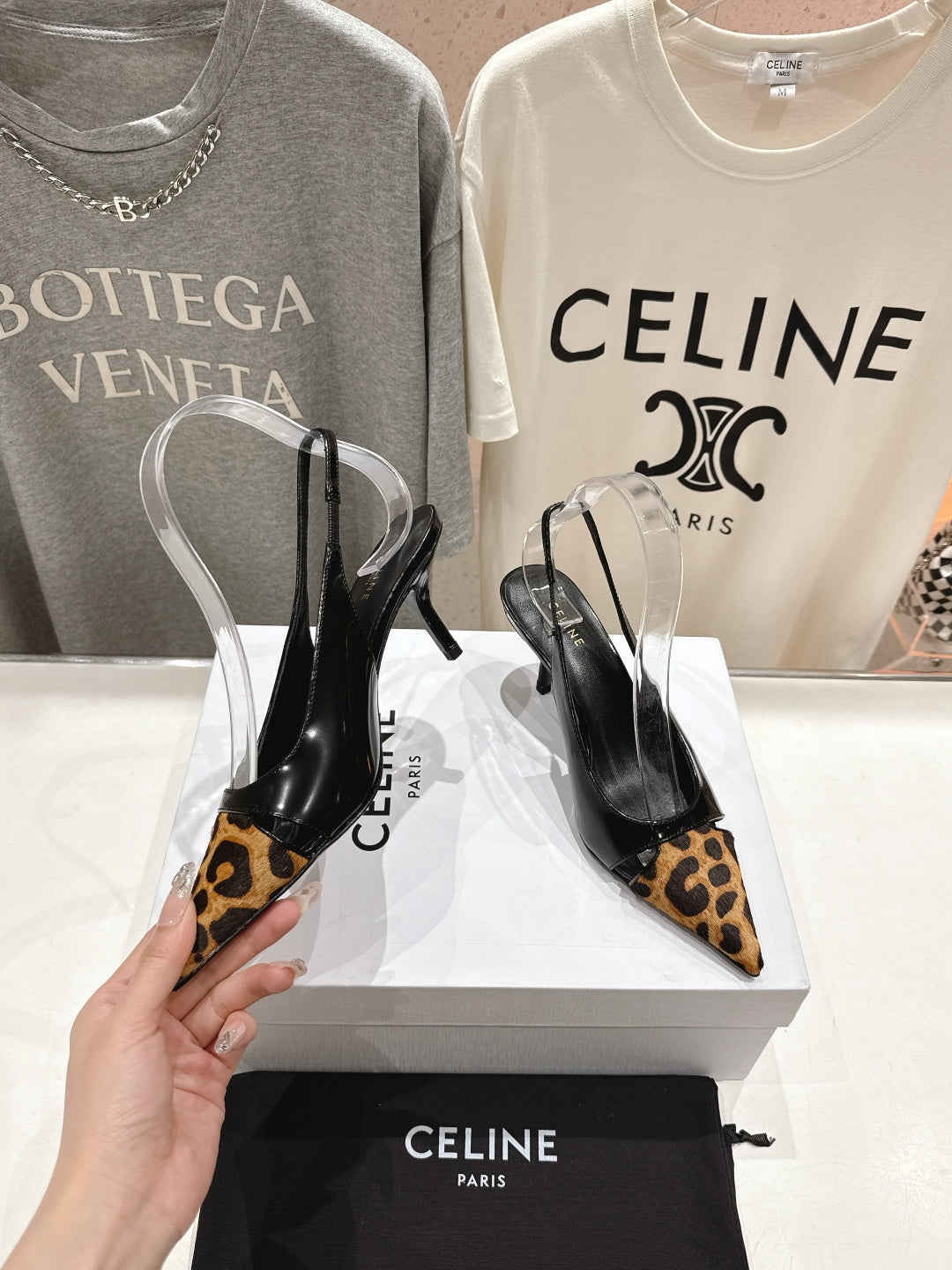 JUDY CAP TOE SLINGBACK 65MM IN BLACK PATENT CALFSKIN AND LEOPARD PRINTED HAIRY CALFSKIN