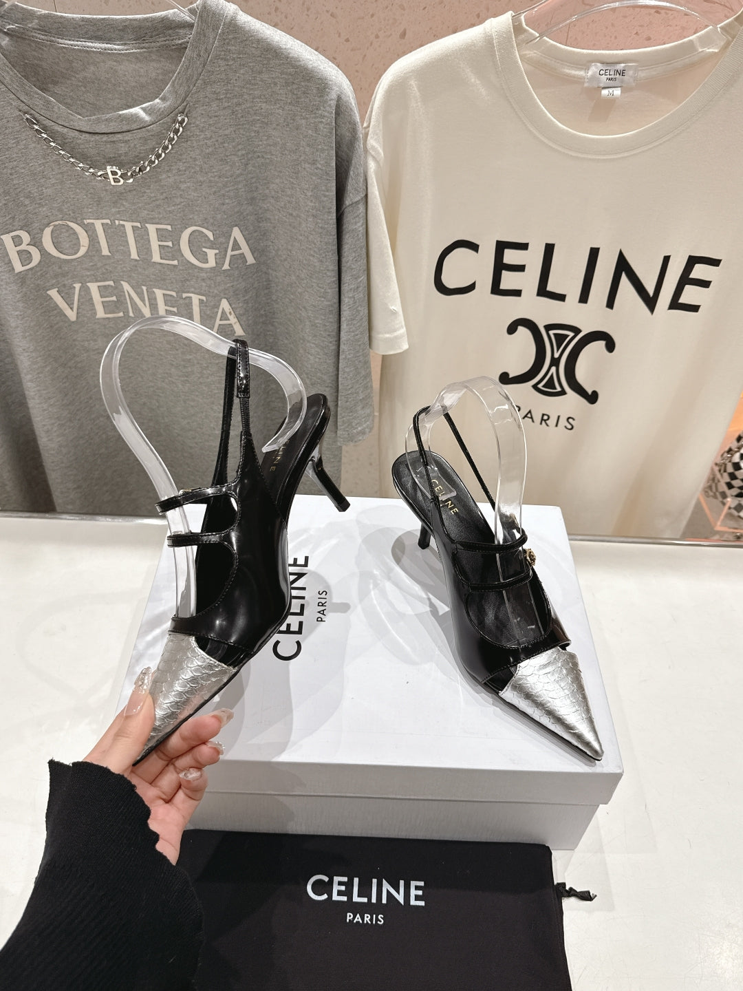 JUDY DOUBLE STRAP MARY JANE SLINGBACK 65MM IN BLACK SHINY CALFSKIN AND SILVER SNAKE EMBOSSED LEATHER