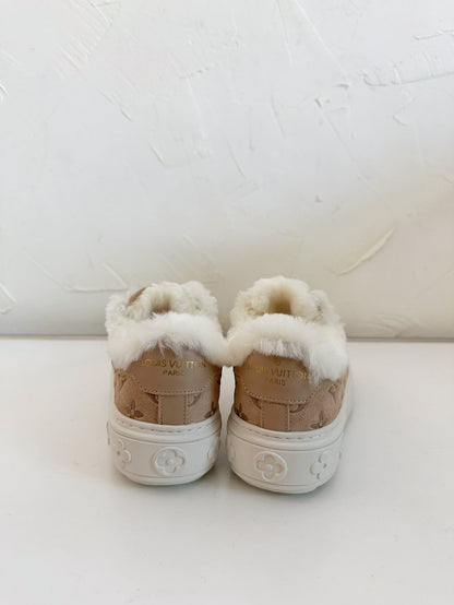 TIME OUT SNEAKER IN DESERT BROWN MONOGRAM EMBOSSED SUEDE WITH FLEECE LINING