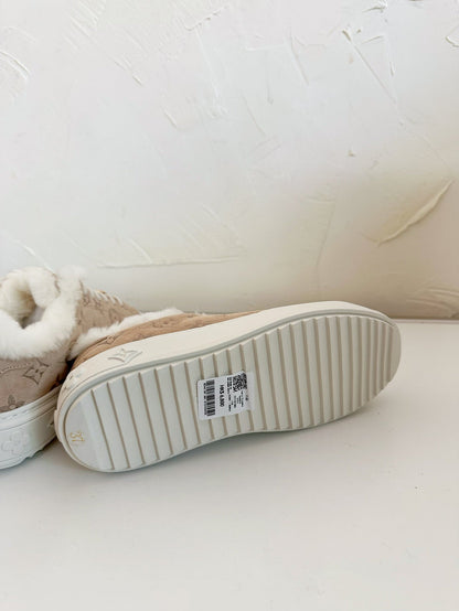 TIME OUT SNEAKER IN DESERT BROWN MONOGRAM EMBOSSED SUEDE WITH FLEECE LINING