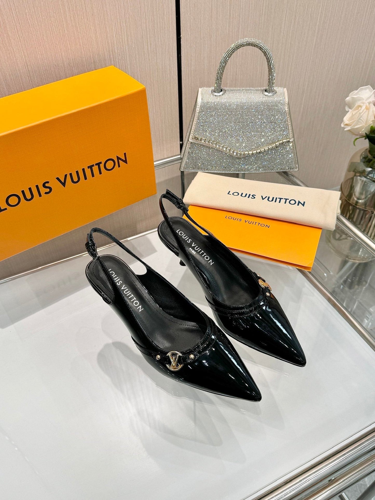 6AM SLINGBACK HIGH HEELS 55 MM IN BLACK PATENT LAMBSKIN