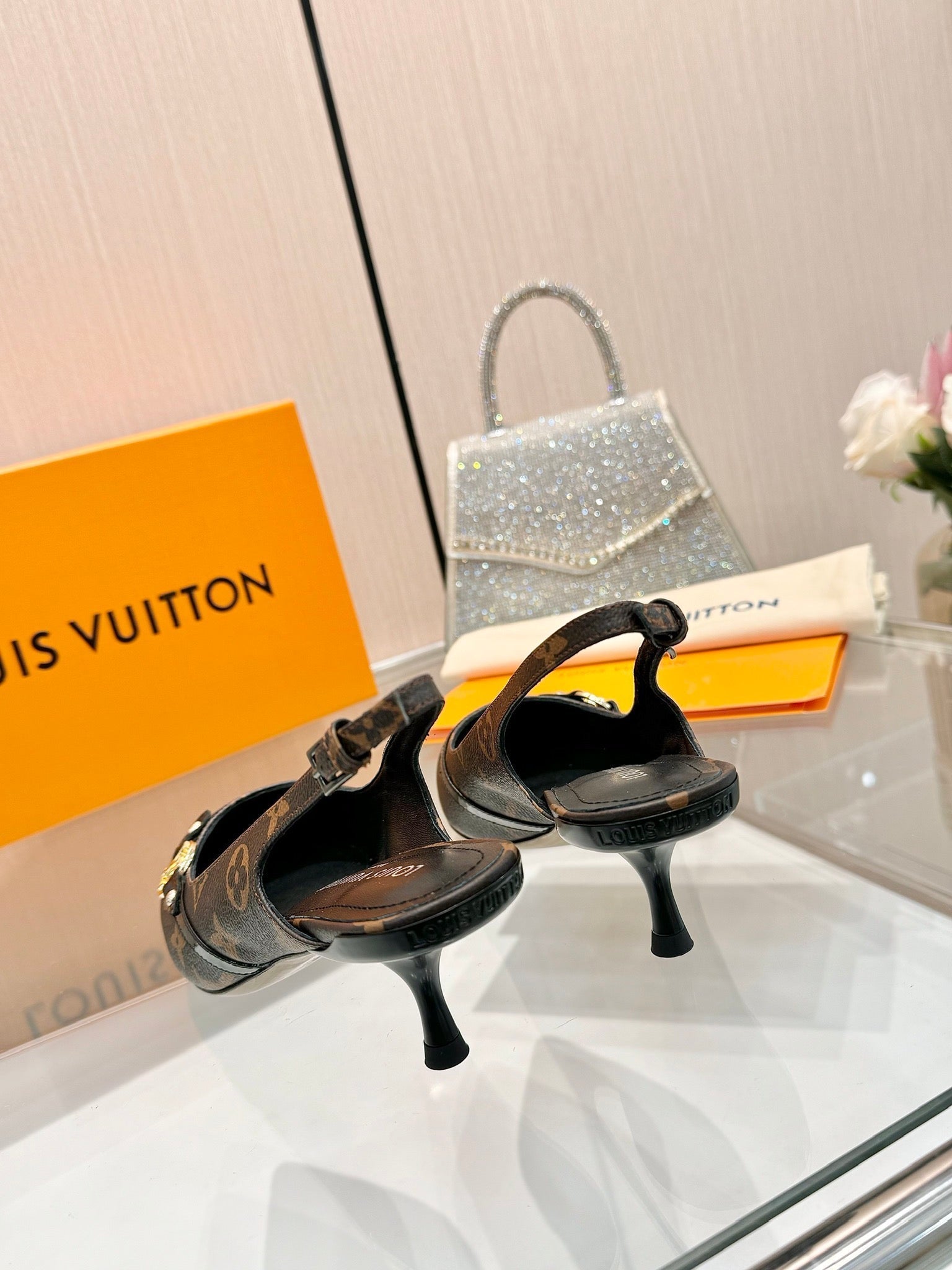 6AM SLINGBACK HIGH HEELS 55 MM IN CHOCOLATE BROWN MONOGRAM LAMBSKIN