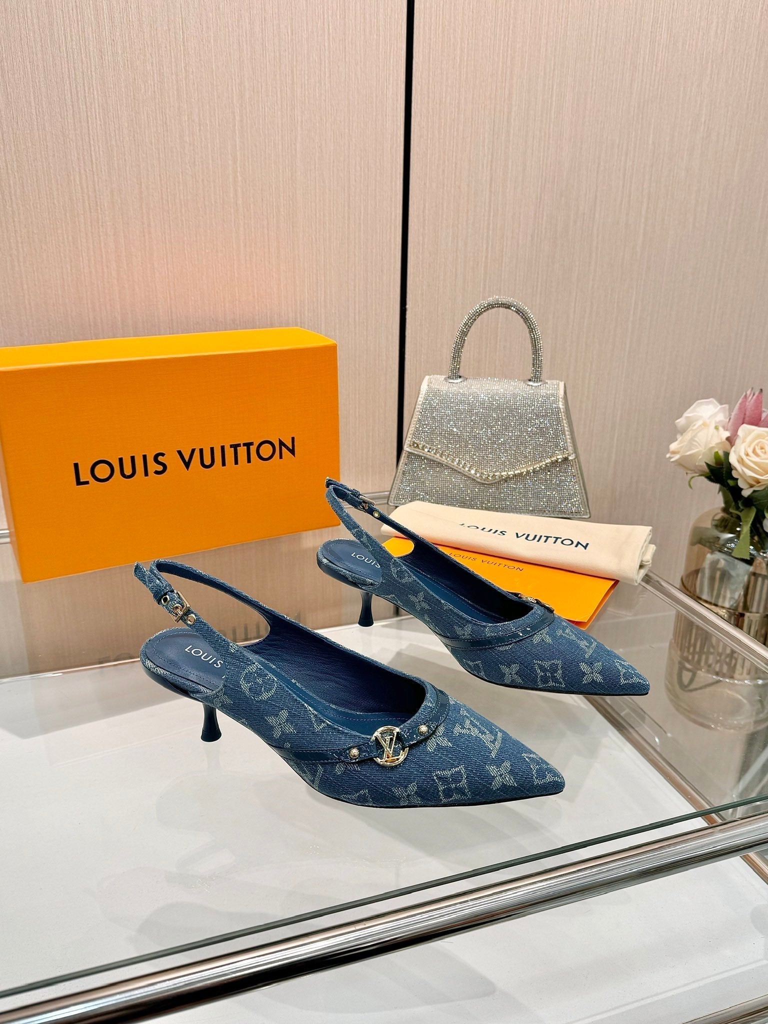 6AM SLINGBACK HIGH HEELS 55 MM IN CLASSIC BLUE MONOGRAM DENIM