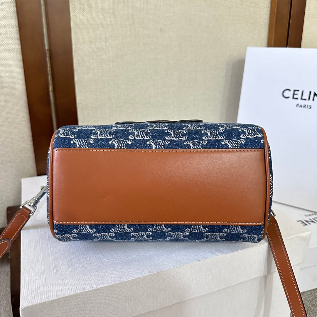SMALL BOSTON 19 IN SPACE BLUE TRIOMPHE DENIM AND BROWN CALFSKIN TRIM