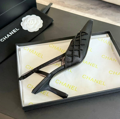 POINTED SLINGBACK MID HEELS BLACK LAMBSKIN