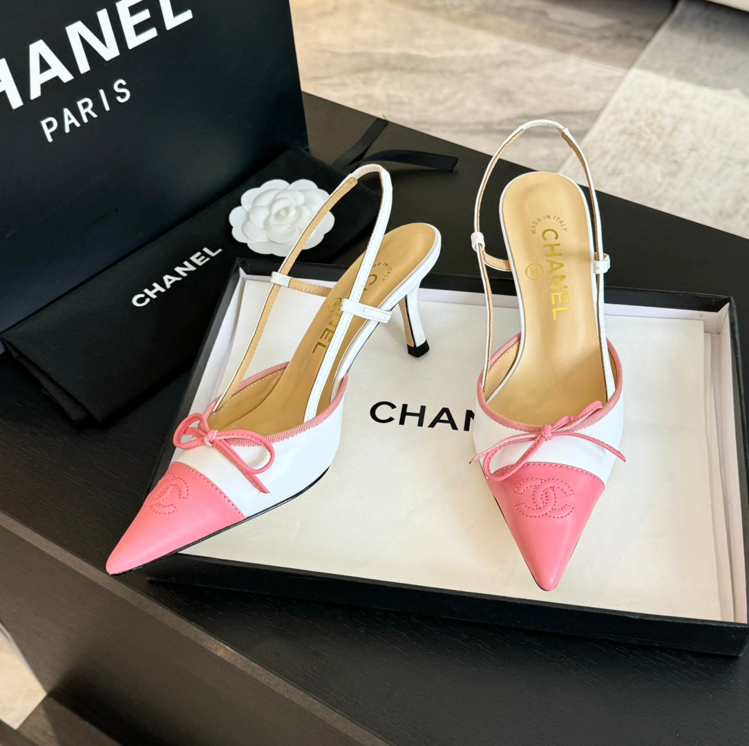 SLINGBACK WITH BOW IN LIGHT PINK MIX WHITE LAMBSKIN