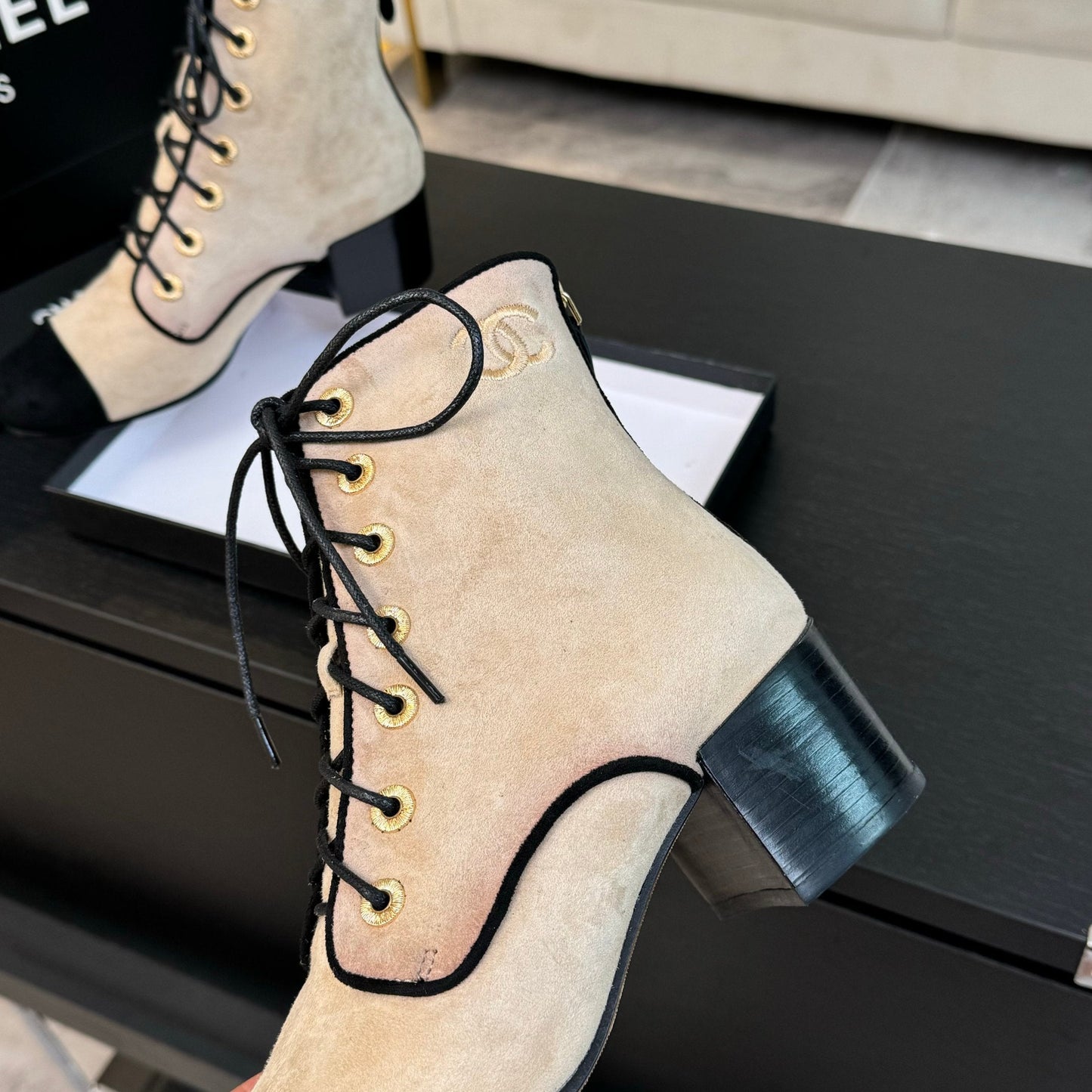 CC LACE-UP SHORT BOOTS IN SEPIA BEIGE MIX BLACK SUEDE