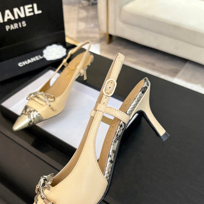 HIGH HEEL SLINGBACKS 65 MM IN FLAX YELLOW WITH SNAKESKIN PATTERN LAMBSKIN