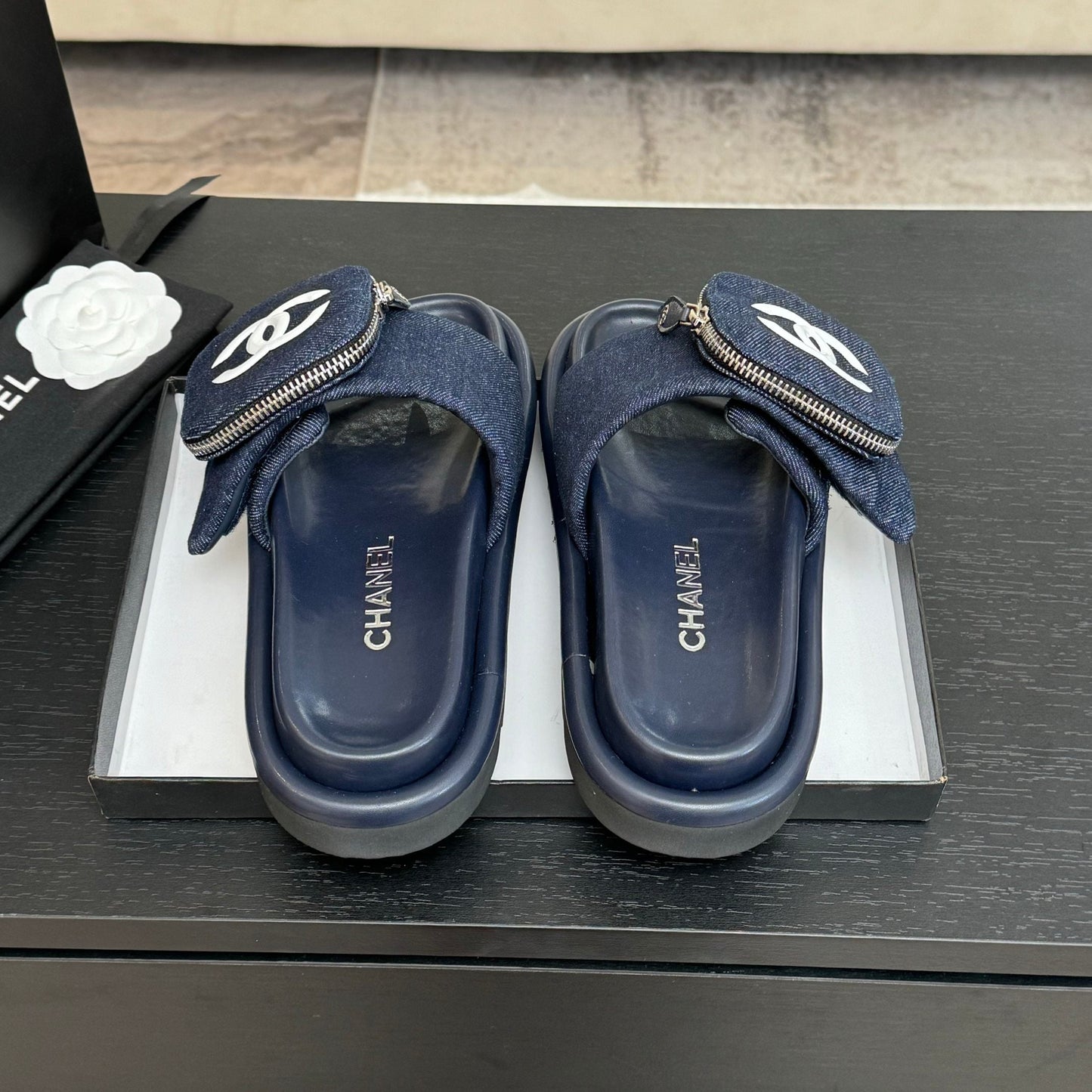 SLIDE IN NAVY BLUE DENIM FABRIC 45 MM