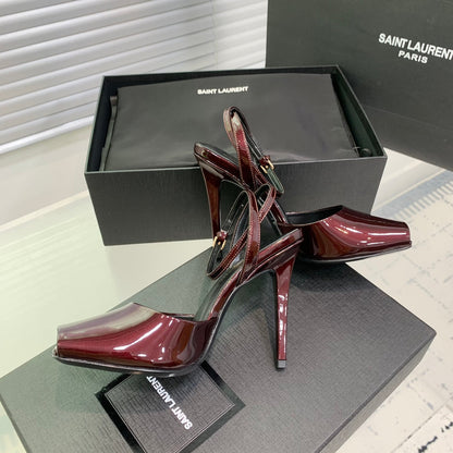 SL FISH MOUTH SANDAL PUMP BERRY POLISHED CALFSKIN