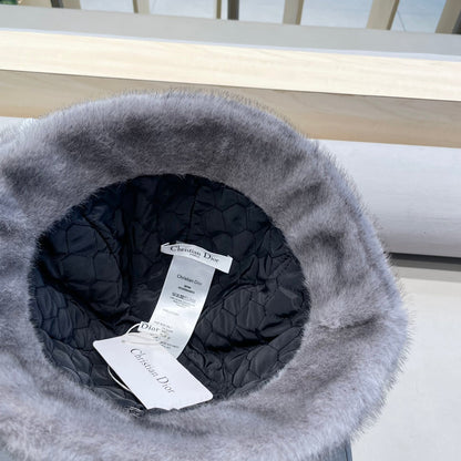 BUCKET HAT WITH CUTE BEAR EARS IN SILVER GRAY RABBIT FUR 434966