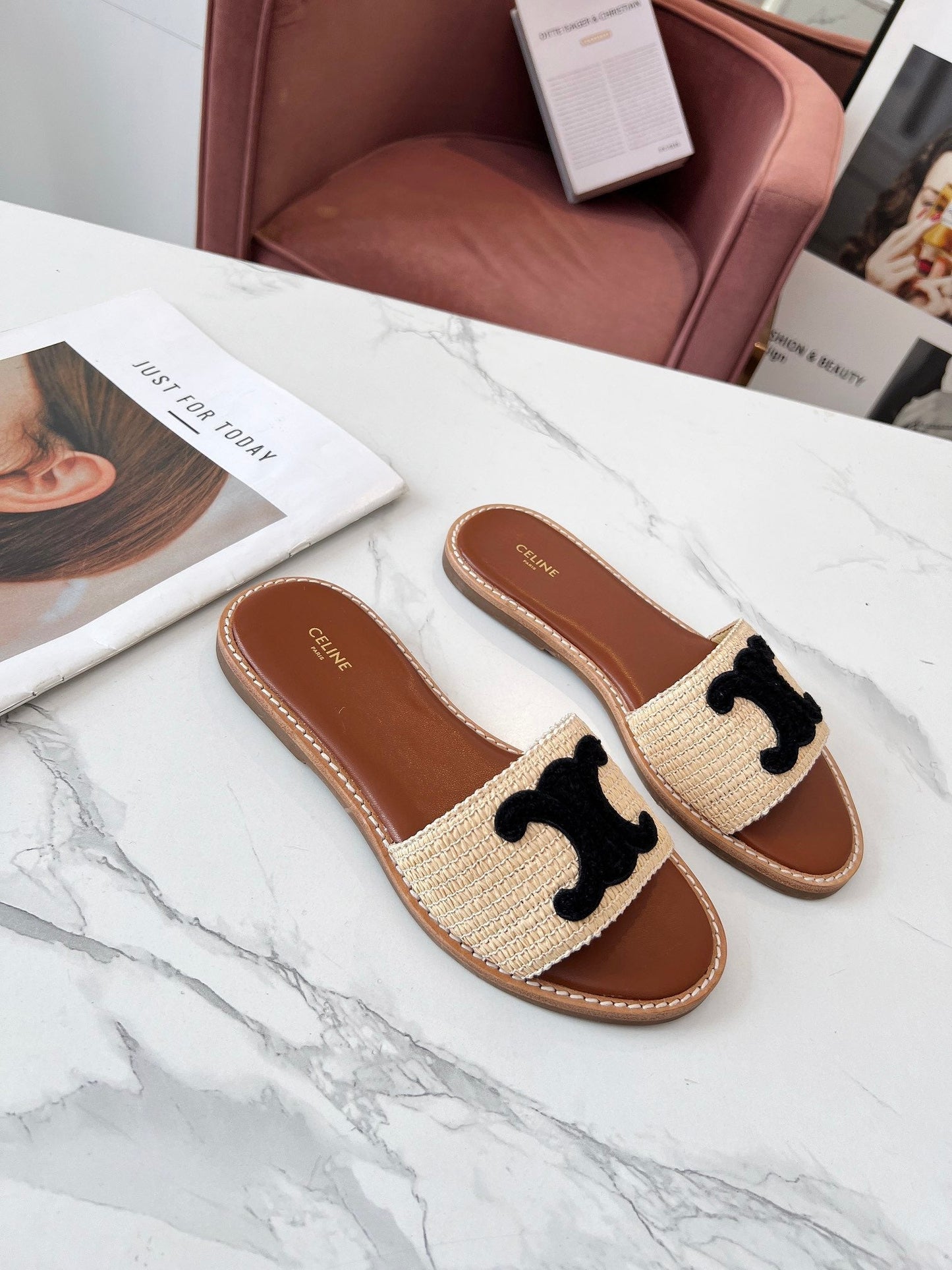 LYMPIA MULE BEIGE RAFFIA BLACK WOOL LOGO