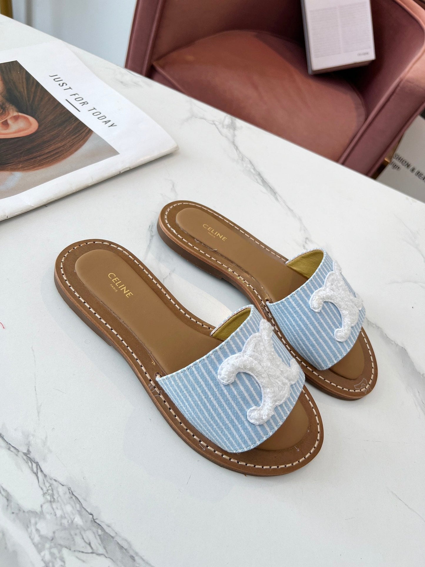 LYMPIA MULE STRIPED BLUE SKY CANVAS WOOL LOGO