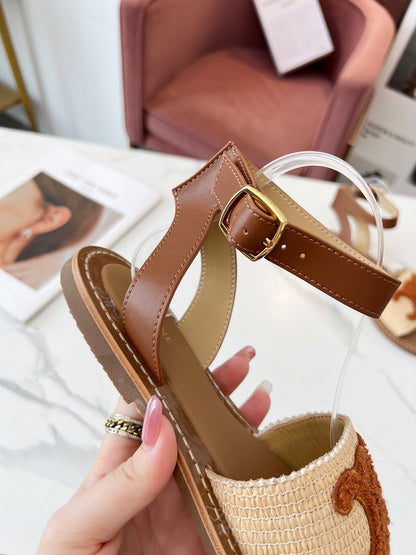TRIOMPHE SANDALS BEIGE RAFFIA BROWN WOOL