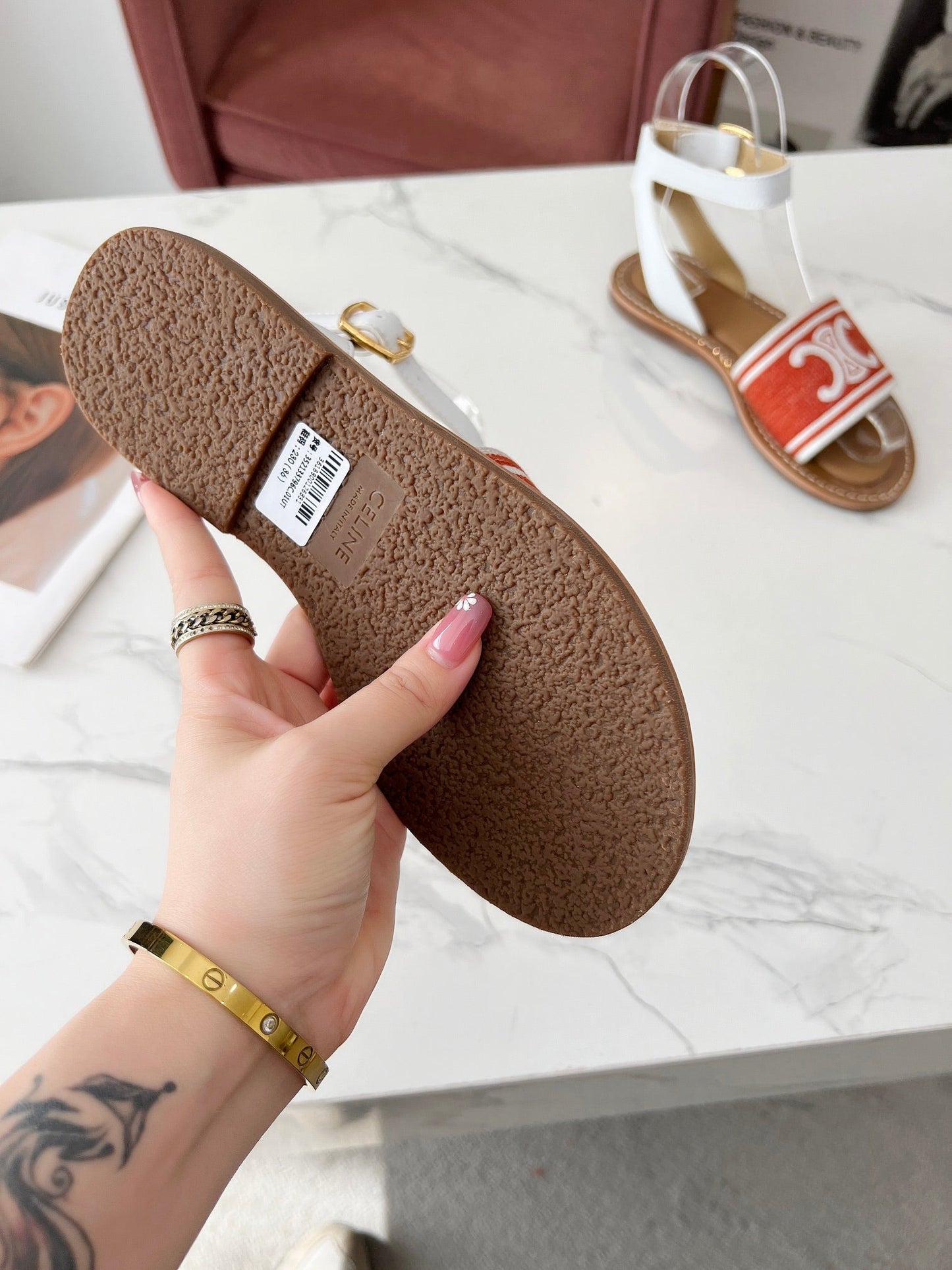 LYMPIA SANDAL IN RED MIX WHITE TRIOMPHE JACQUARD CANVAS & CALFSKIN