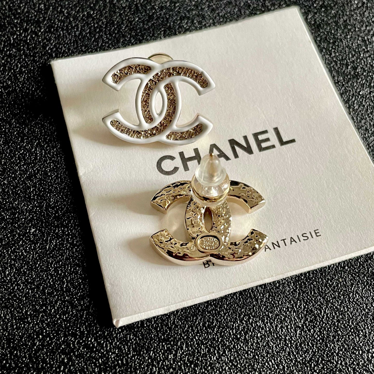 DOUBLE C STUD EARRINGS WITH WHITE TRIM AND CENTER STONE