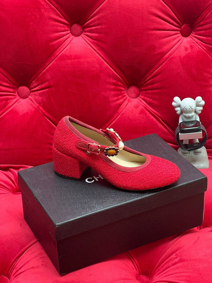 HIGH MARY JANE SHOES CHERRY RED WOOL TWEED