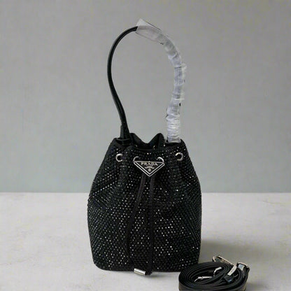 STUDDED BUCKET BAG 19 IN BLACK RE-NYLON MIX CALFSKIN