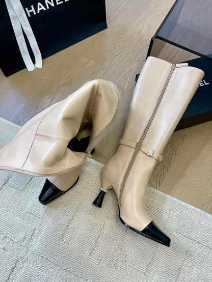 KNEE HIGH BOOTS IN BEIGE MIX BLACK CALFSKIN