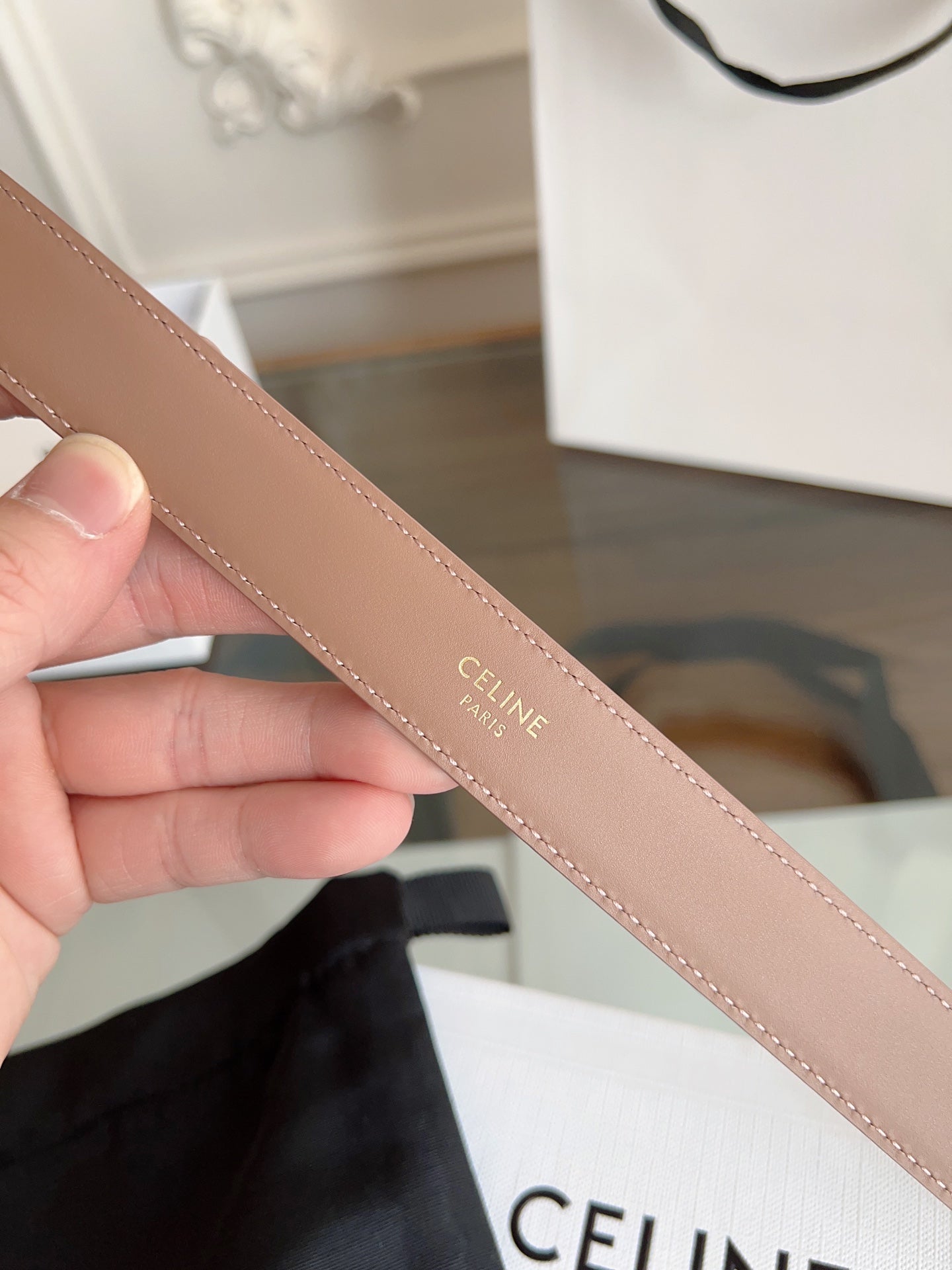 TRIOMPHE BELT 24MM IN BEAVER BROWN CALFSKIN WITH GOLD BUCKLE