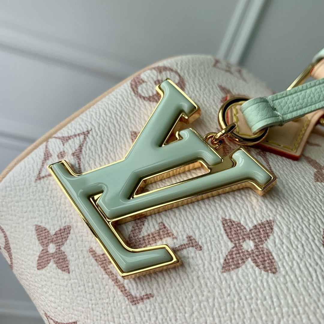 MINI SPEEDY BAG GREEN CHARM 18 IN LIGHT BROWN MONOGRAM DUNE COATED CANVAS