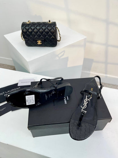 SL Cassandra Croc-Embossed Thong Sandals Black Leather