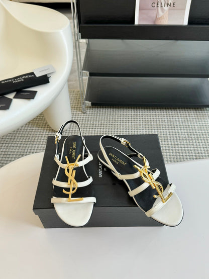 Yves SL Buckle Women Sandals Black White Leather