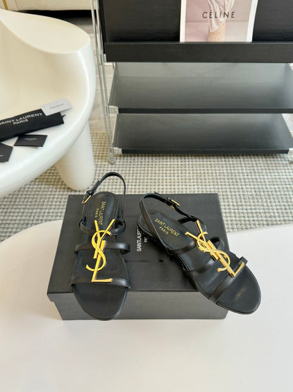 Yves SL Buckle Women Sandals Black Leather