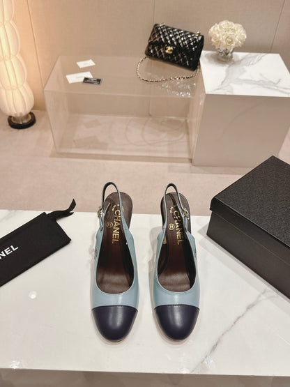 HIGH SLINGBACKS LIGHT BLUE MIX BLACK SHEEPSKIN