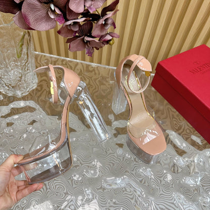 HIGH SANDAL 14CM IN NUDE TAN CALFSKIN AND TRANSPARENT PVC