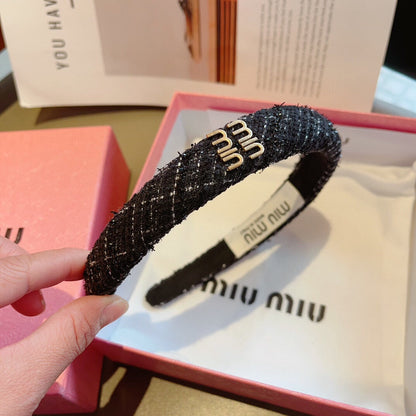 BLACK TWEED HAIRBAND GOLD LOGO 157215