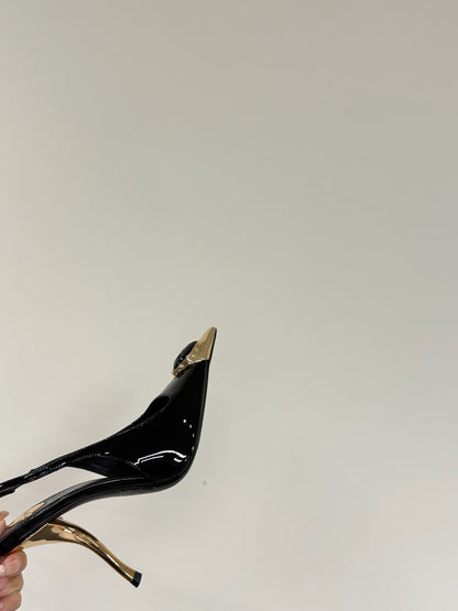 BLACK GEM-STUDDED SLINGBACK PUMPS IN BLACK PATENT CALFSKIN