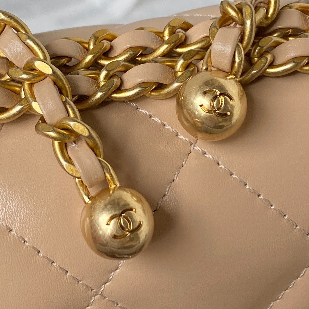CC MINI 19 FLAP BAG IN DARK BEIGE CALFSKIN GOLD HARDWARE
