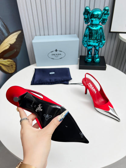 HIGH SLING BACK PUMPS IN SILVER MIX RED SATIN