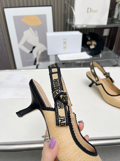 J'ADIOR SLINGBACK PUMP NATURAL RAFFIA AND BLACK EMBROIDERED COTTON 65 MM