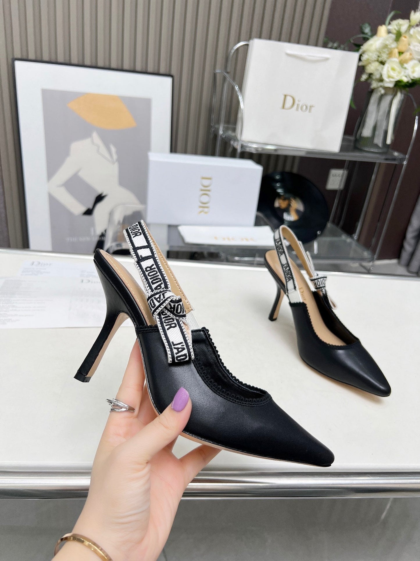 J'ADIOR SLINGBACK PUMP BLACK CALFSKIN AND BLACK EMBROIDERED FABRIC 10 CM