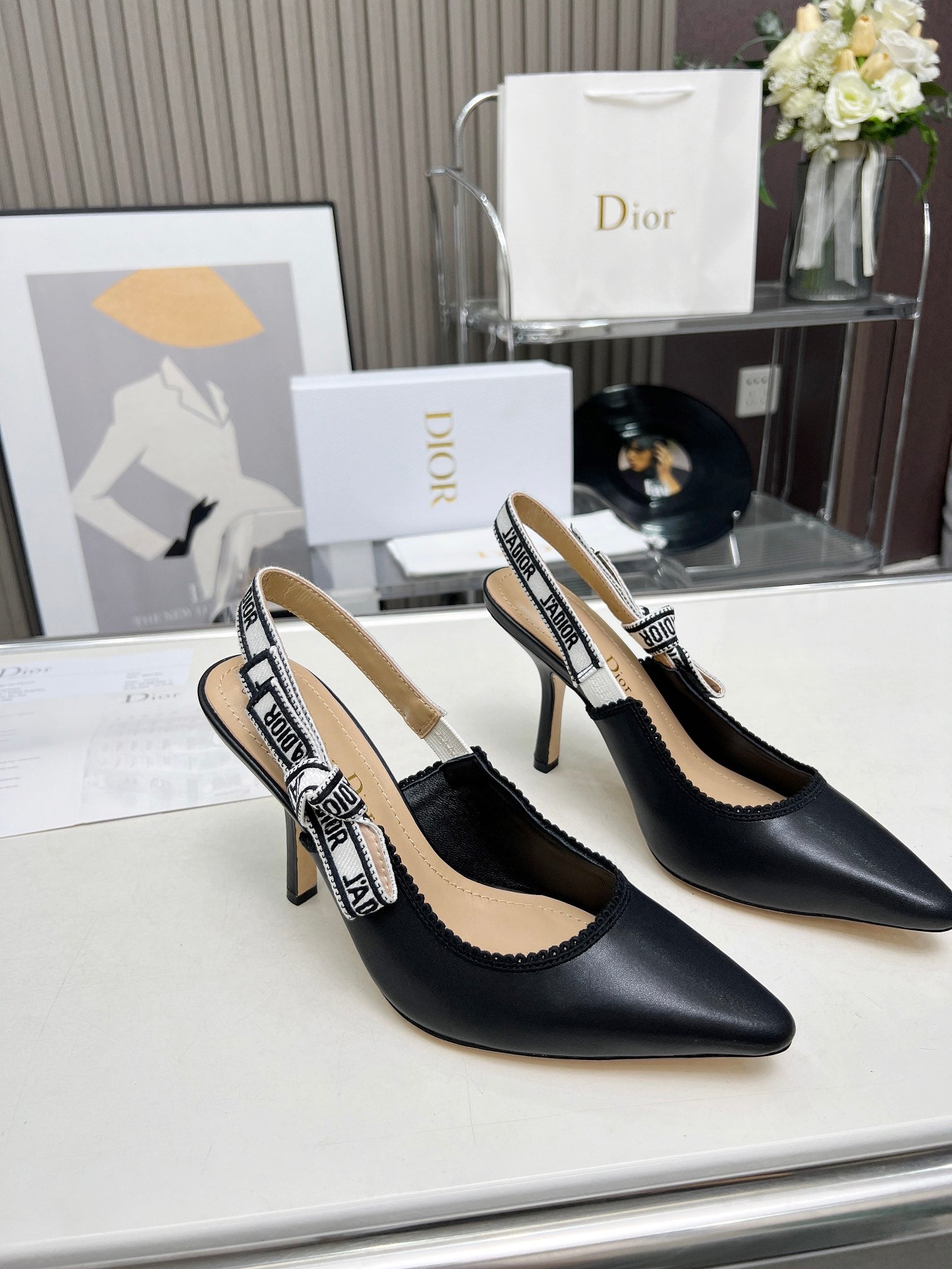 J'ADIOR SLINGBACK PUMP BLACK CALFSKIN AND BLACK EMBROIDERED FABRIC 10 CM