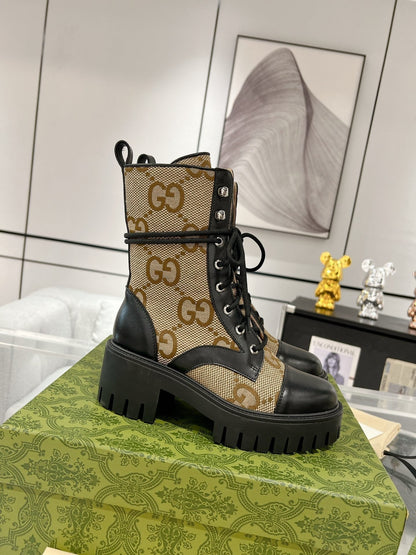 GG ANKLE BOOTS IN BEIGE MONOGRAM CANVAS AND BLACK SHEEPSKIN