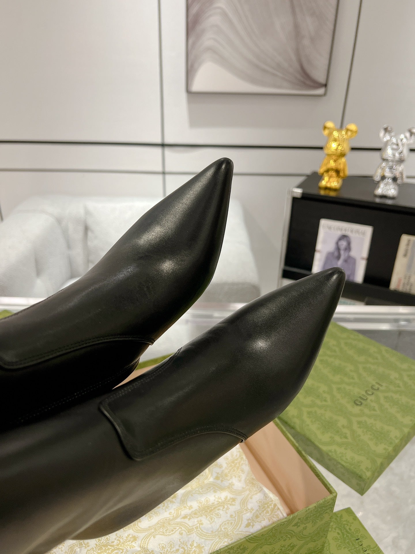 GG ANKLE BOOTS IN BLACK CALFSKIN WITH GOLD PLATED HEEL