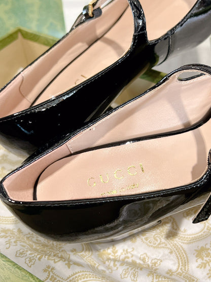 HORSEBIT MARY JANE HEEL IN BLACK CALFSKIN GOLD HARDWARE