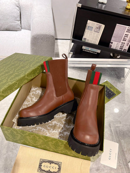GG ANKLE BOOTS WITH WEB IN CINNAMON BROWN CALFSKIN AND FABRIC