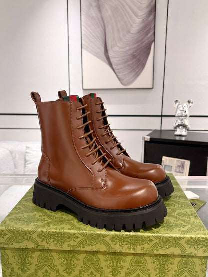 GG WEB ANKLE BOOTS IN CINNAMON BROWN CALFSKIN